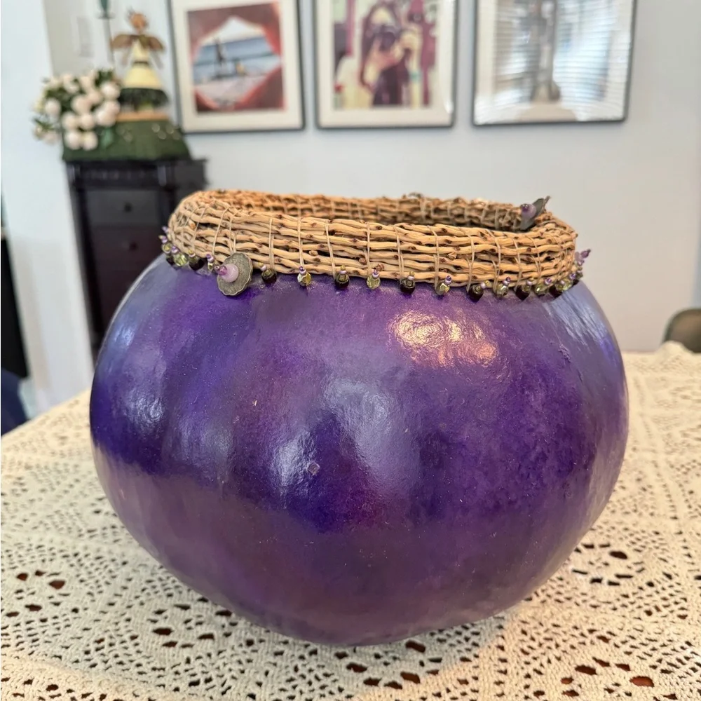 Handmade Gourd Art Bowl/Vase Purple Black Tabletop Decor